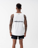 Back view of the Nexletica Men's Perform Running Singlet in white with the black NEXLETICA wordmark across the back