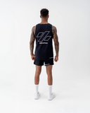 Full-length back view of the Nexletica Men's Perform Running Singlet in black showing the outlined back logo graphic and matching shorts