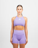 Close up side angle of lilac Impulse High Waist Shorts showing buttery soft fabric and no front seam”