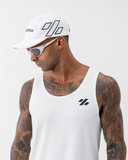 Side view of the white Nexletica Perform Hat showing the outlined logo graphic and lightweight 5-panel construction